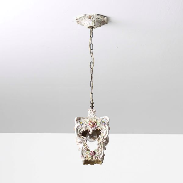 Lampada pensile in porcellana a decoro floreale policromo