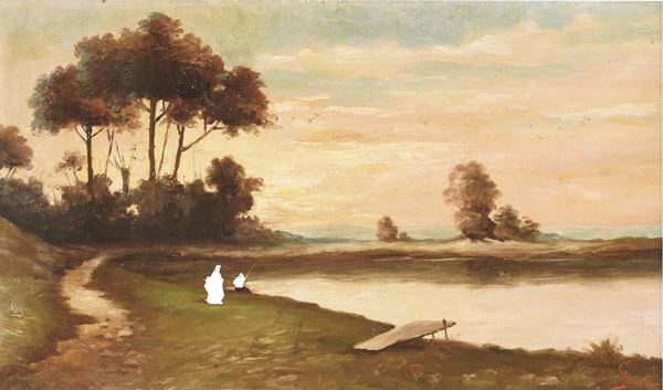 Scuola del XX secolo Paesaggio con figure