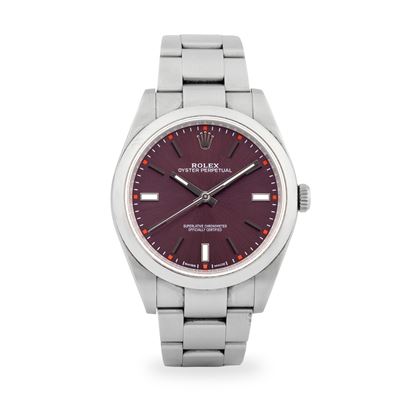 Oyster Perpetual 114300 in acciaio, quadrante vinaccia Soleil