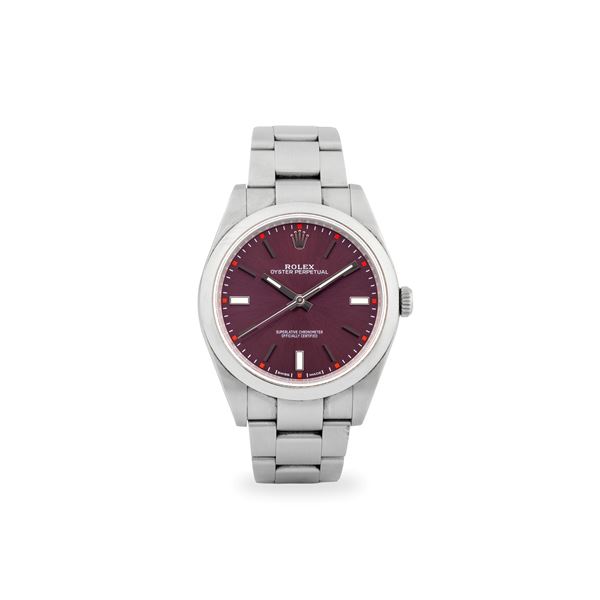 Oyster Perpetual ref. 114300 in acciaio, quadrante vinaccia Soleil con piccoli indici rossi, con scatola e garanzia, circa 2018