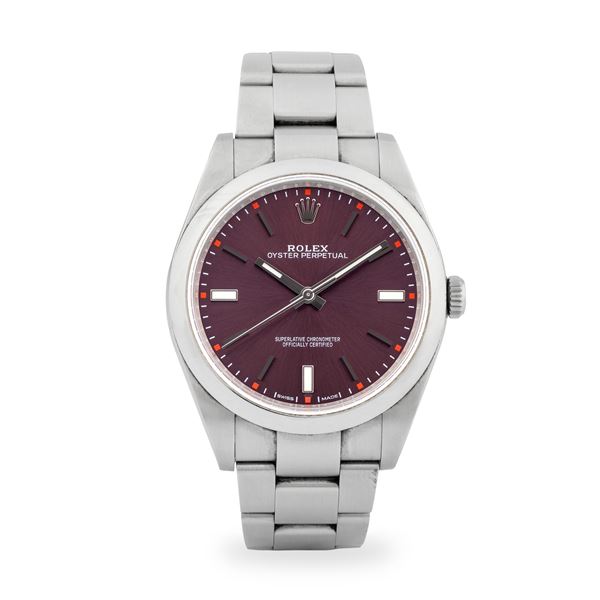 Rolex - Oyster Perpetual ref. 114300 in acciaio, quadrante vinaccia Soleil con piccoli indici rossi, con scatola e garanzia, circa 2018