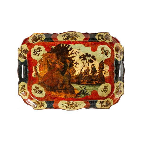 Vassoio laccato, dipinto e decorato ad "arte povera". Venezia, XVIII secolo