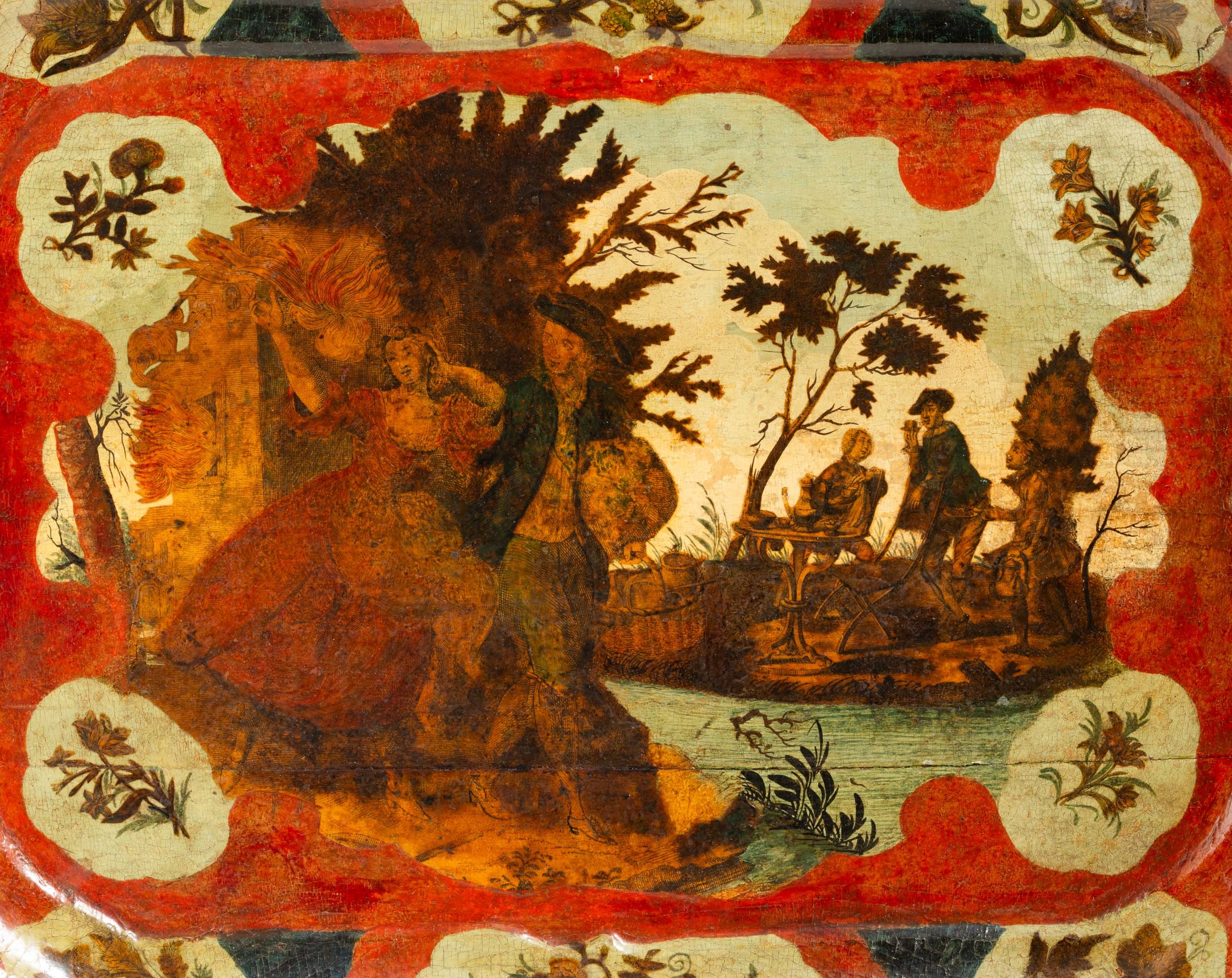 Vassoio laccato, dipinto e decorato ad "arte povera". Venezia, XVIII secolo