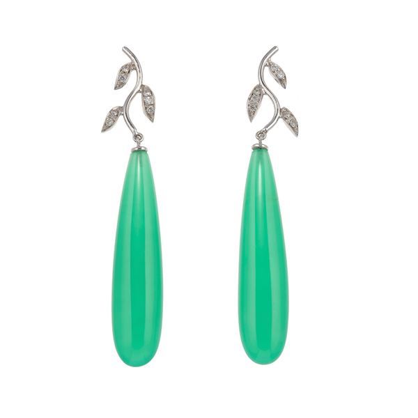Pair of green chalcedony, diamond and gold earrings