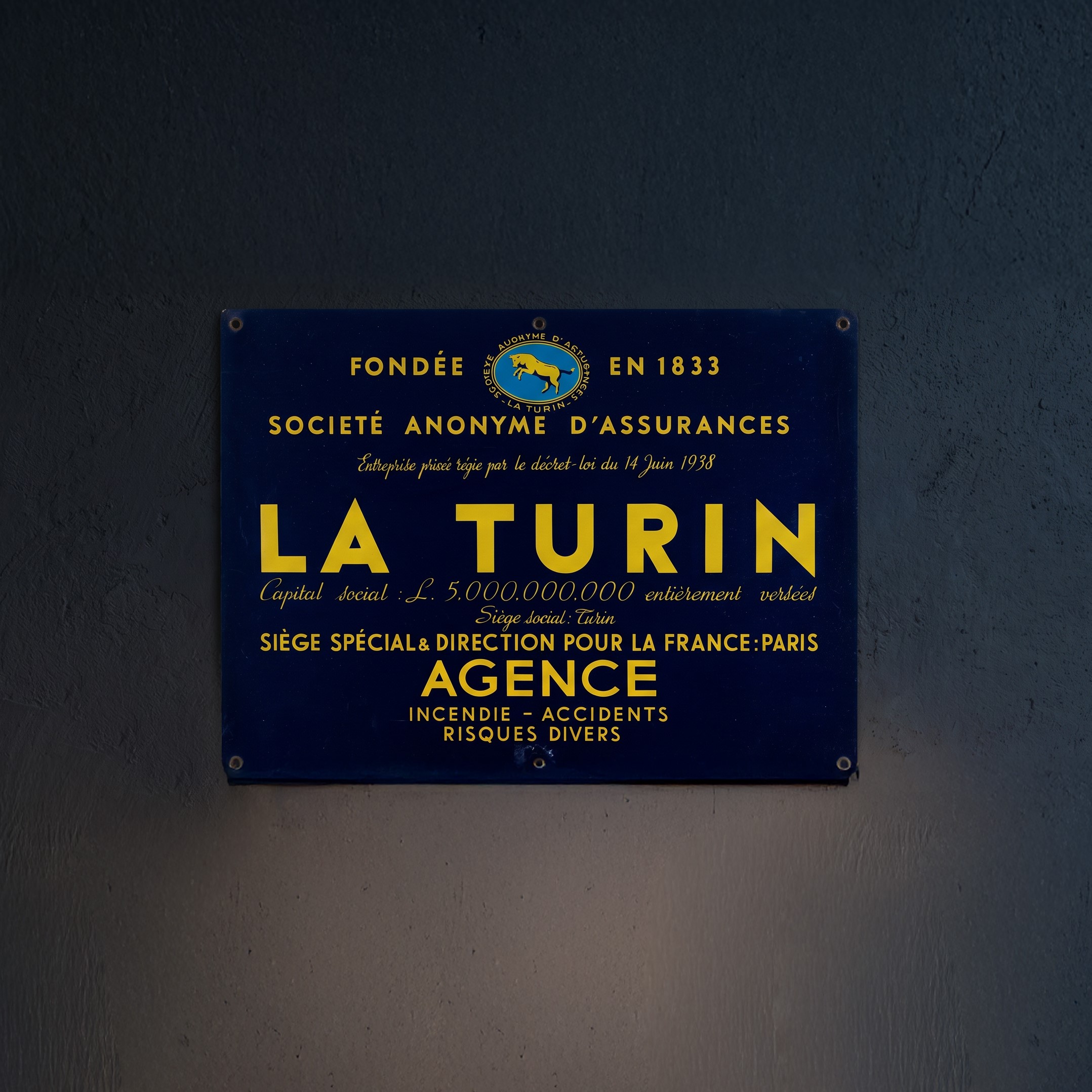 La Turin – Société Anonyme d’Assurances, Targa smaltata pubblicitaria, anni ’40