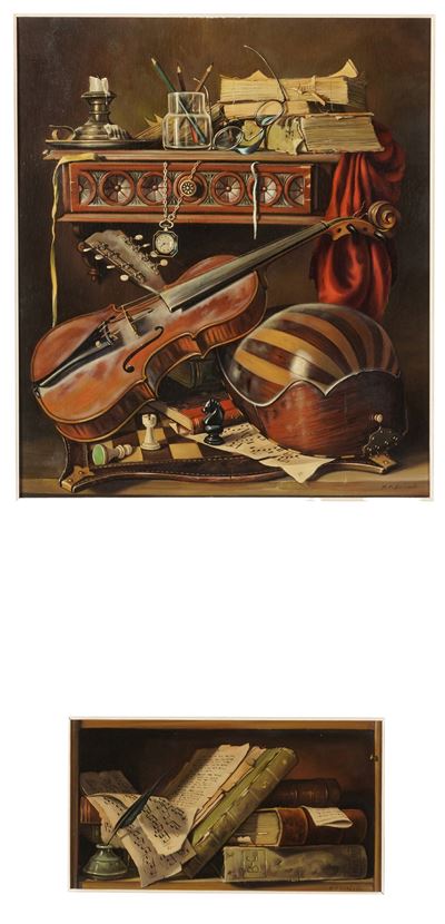 Strumenti musicali, dipinti a olio su tavola