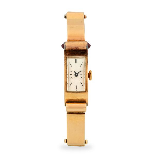 Rolex - Elegante orologio Art Decò di forma in oro rosa 18k con bracciale integrato, quadrante argentè, circa 1938