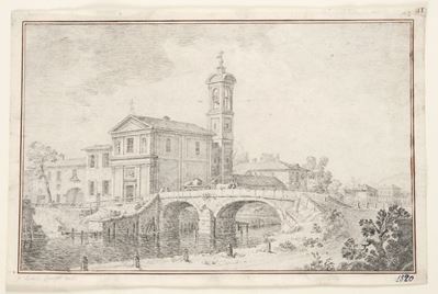 Veduta di chiesa con ponticello