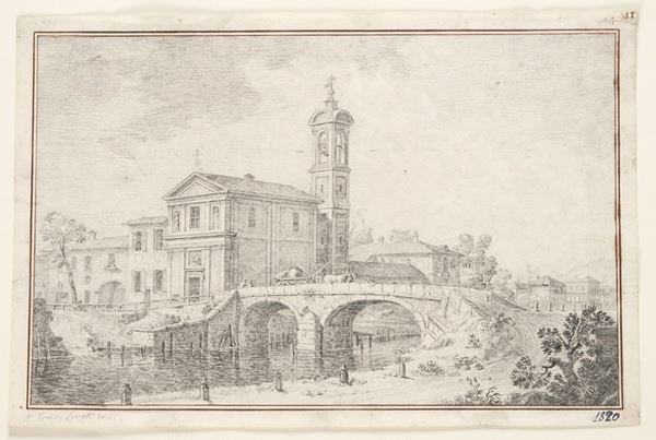 Giuseppe Levati - Veduta di chiesa con ponticello