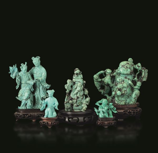 Lot comprising five turquoise figures depicting figures, China, Qing Dynasty, 19th century.
