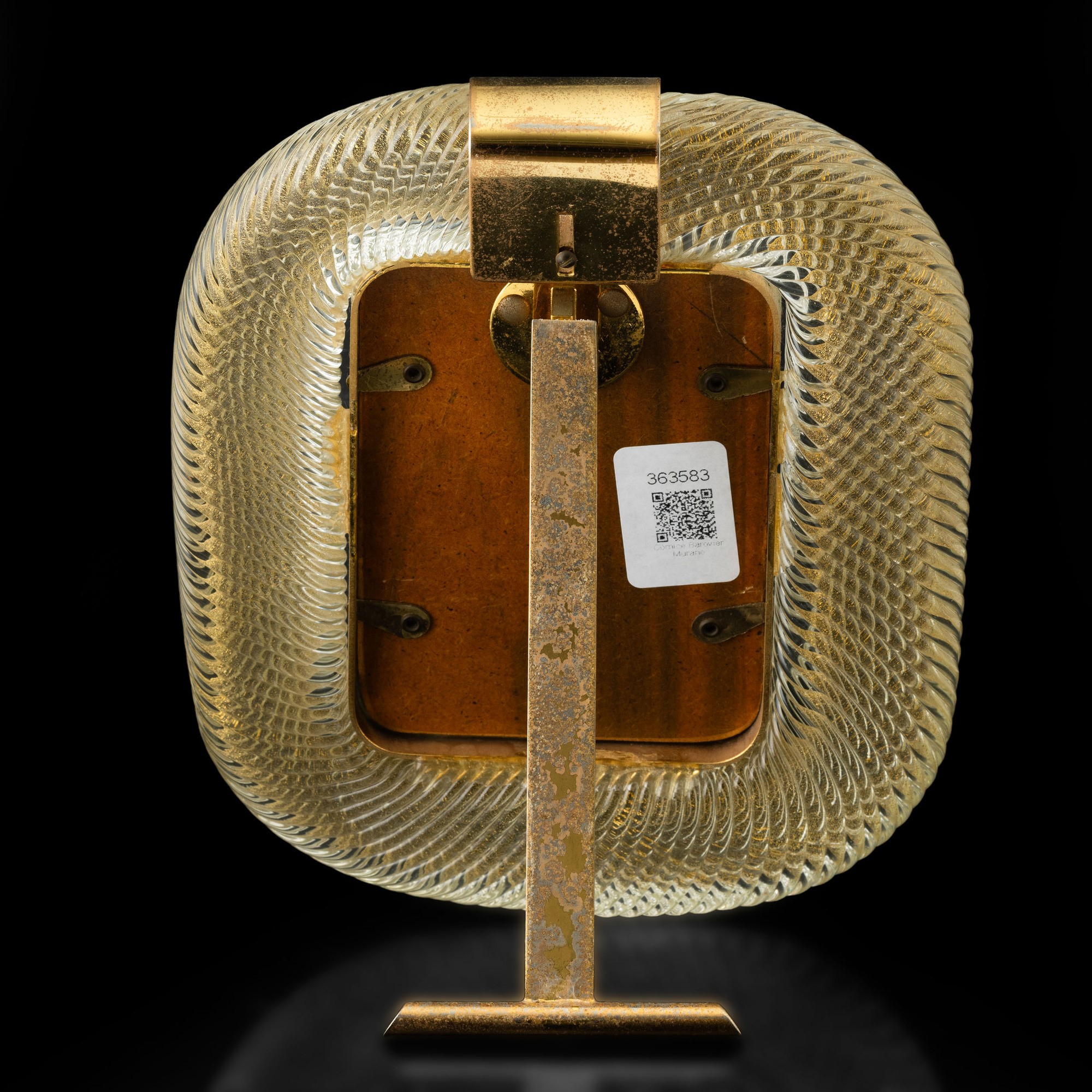 Barovier & Toso (?), Portaritratti in ottone con cornice in vetro a torciglione, Murano, XX secol...