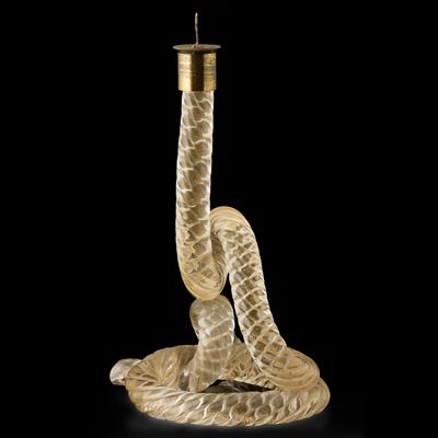 Murano, base di lampada in vetro (anni 1940 ca) con decoro a foglia oro e montatura in ottone