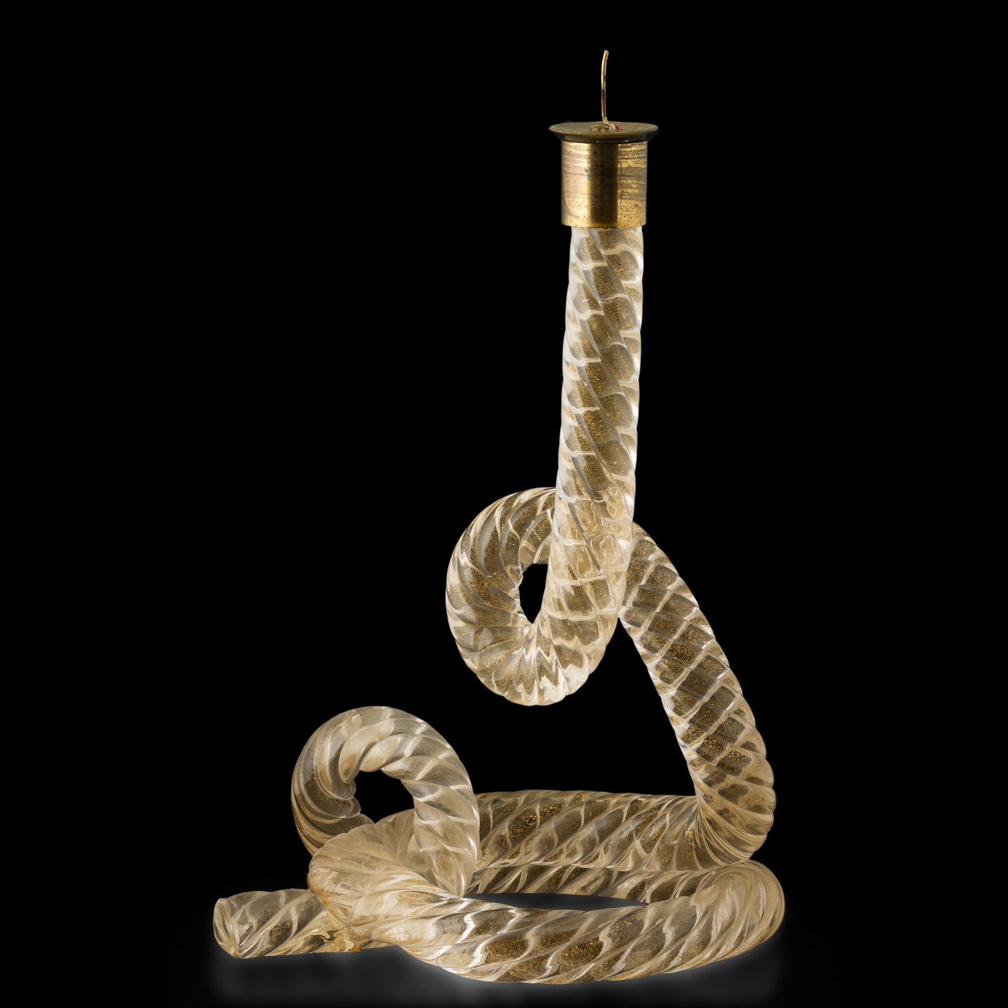 Murano, base di lampada in vetro (anni 1940 ca) con decoro a foglia oro e montatura in ottone