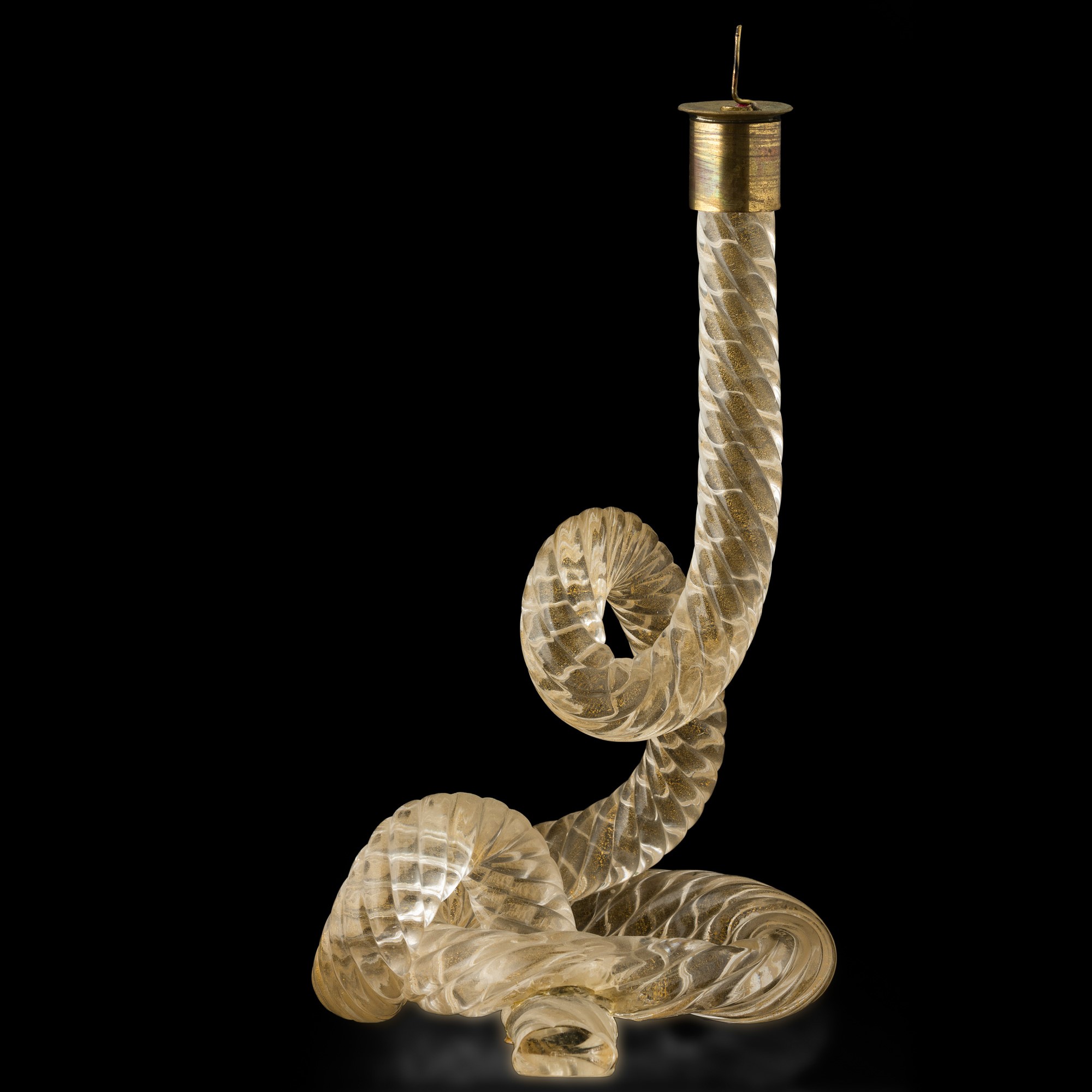 Murano, base di lampada in vetro (anni 1940 ca) con decoro a foglia oro e montatura in ottone