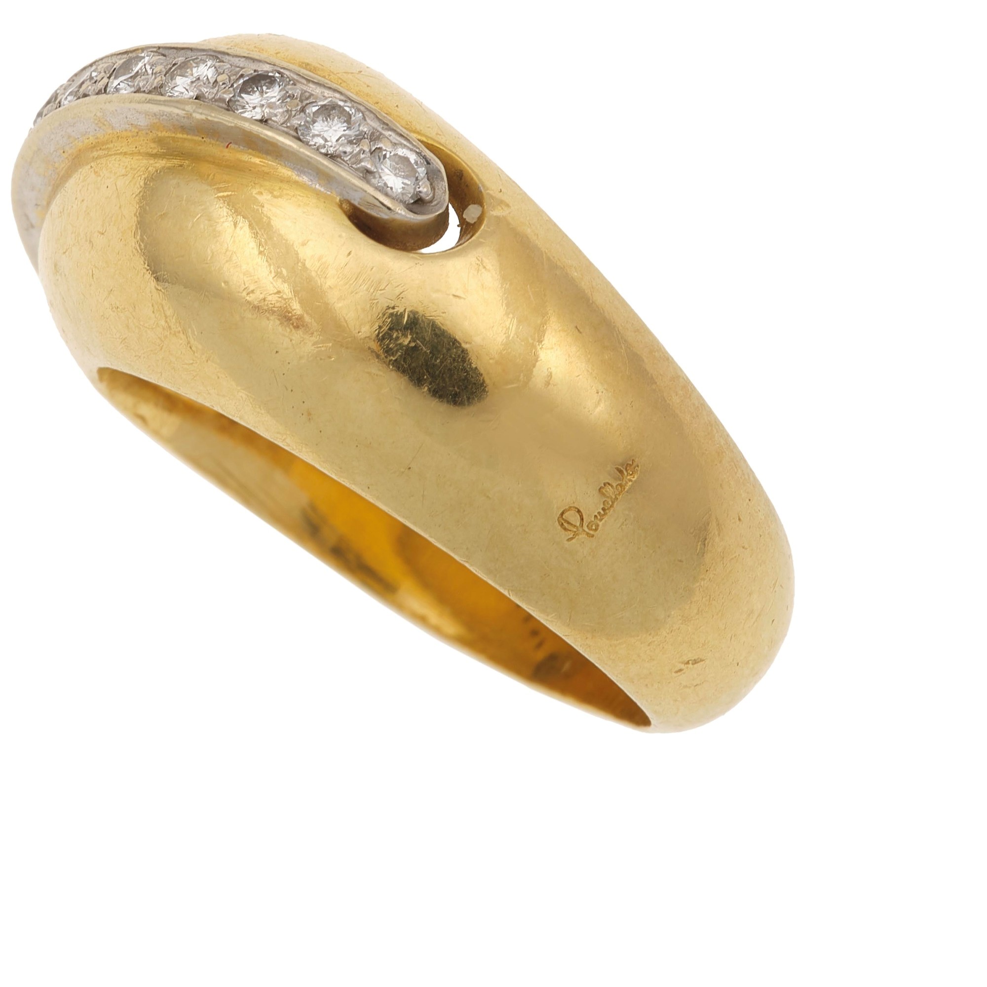 Pomellato, Anello firmato con piccoli diamanti; anello a fascia con diamanti e rubini in oro gial...