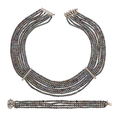 Demi-parure Composta da Girocollo e Bracciale con Perle Grigie e Piccoli Diamanti