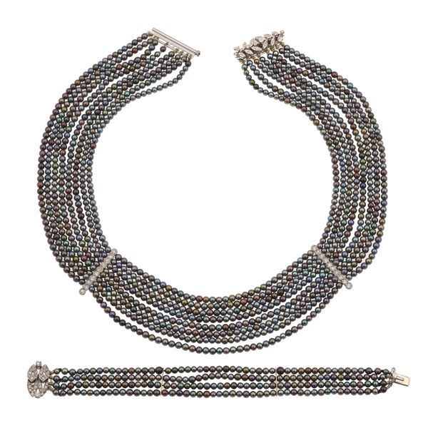 Pearl, diamond and gold demi-parure