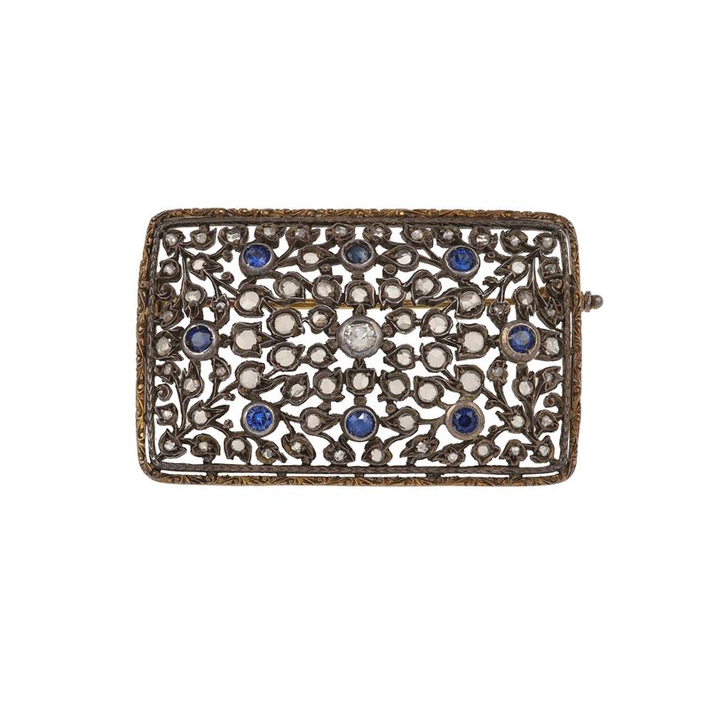 Syntethic sapphire, diamond gold and silver brooch  - Auction Fine Jewellery - Cambi Casa d'Aste