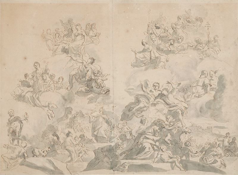 Francesco Solimena : Il trionfo della Fede  - matita nera, penna, inchiostro bruno e acquerello grigio su carta - Asta Old Masters Paintings - Cambi Casa d'Aste