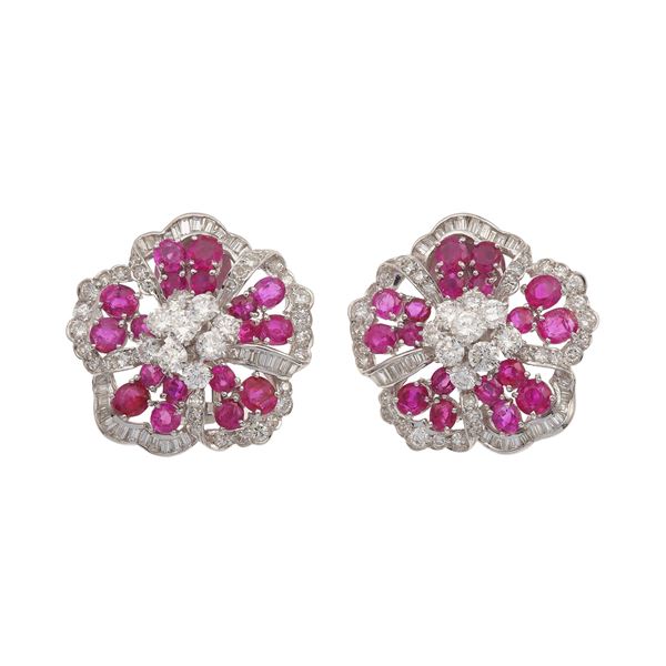 Pair of diamond, ruby and gold earrings