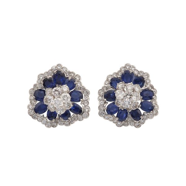 Pair of diamond, sapphire and gold earrings