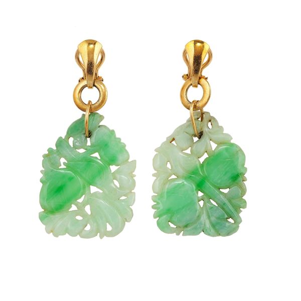 Pair of carved jadeite and gold earrings