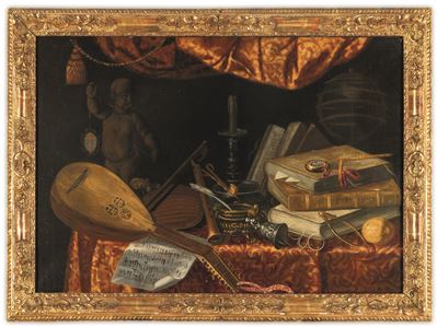 Natura morta con libri, strumenti musicali e tappezzerie