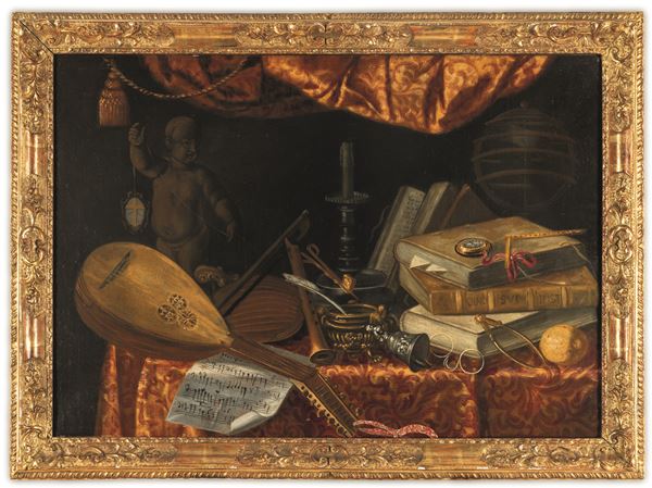 Natura morta con libri, strumenti musicali e tappezzerie