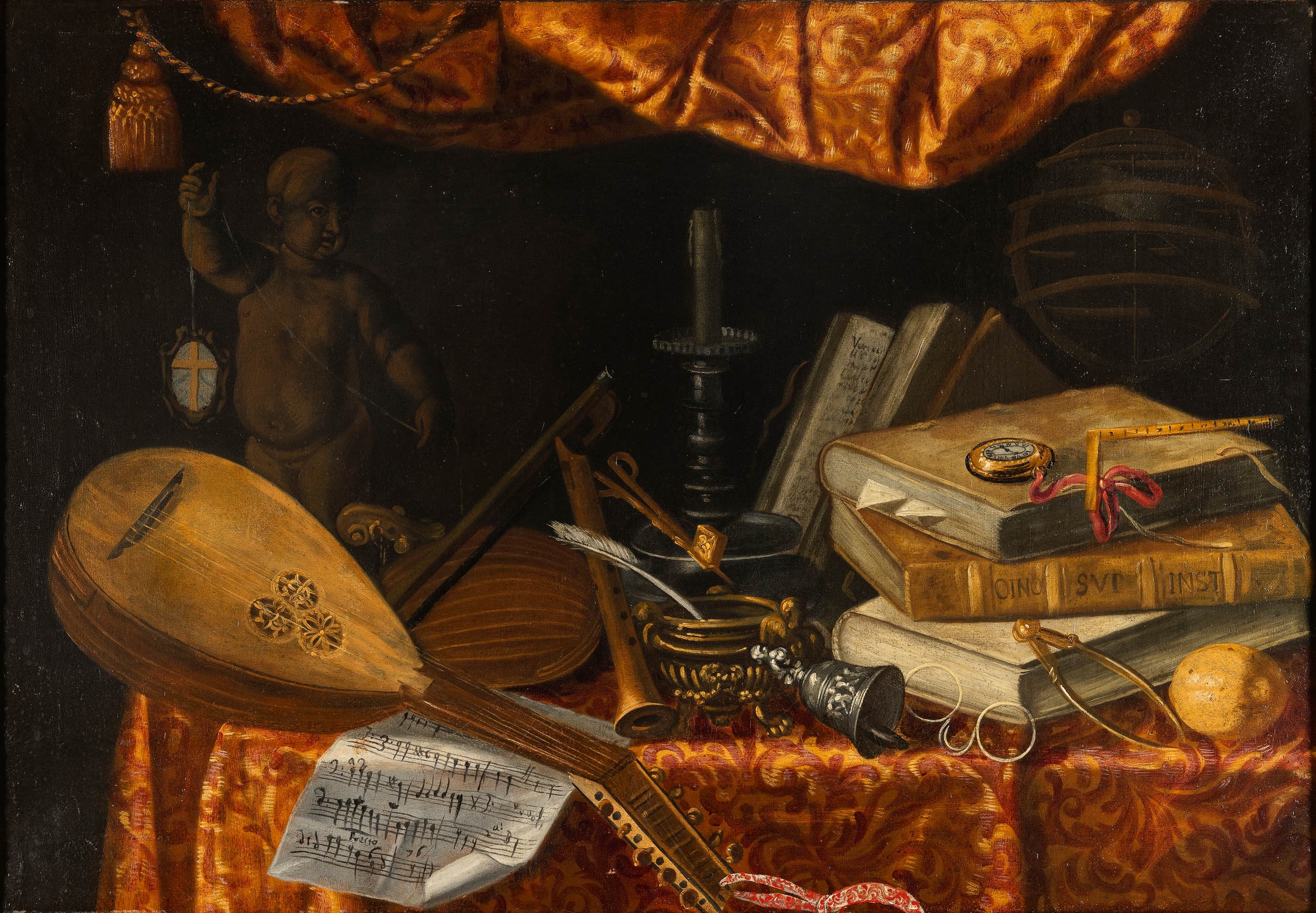 Bartolomeo Bettera - Natura morta con libri, strumenti musicali e tappezzerie