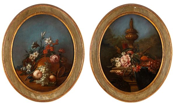 Nature morte con vasi di fiori e frutti