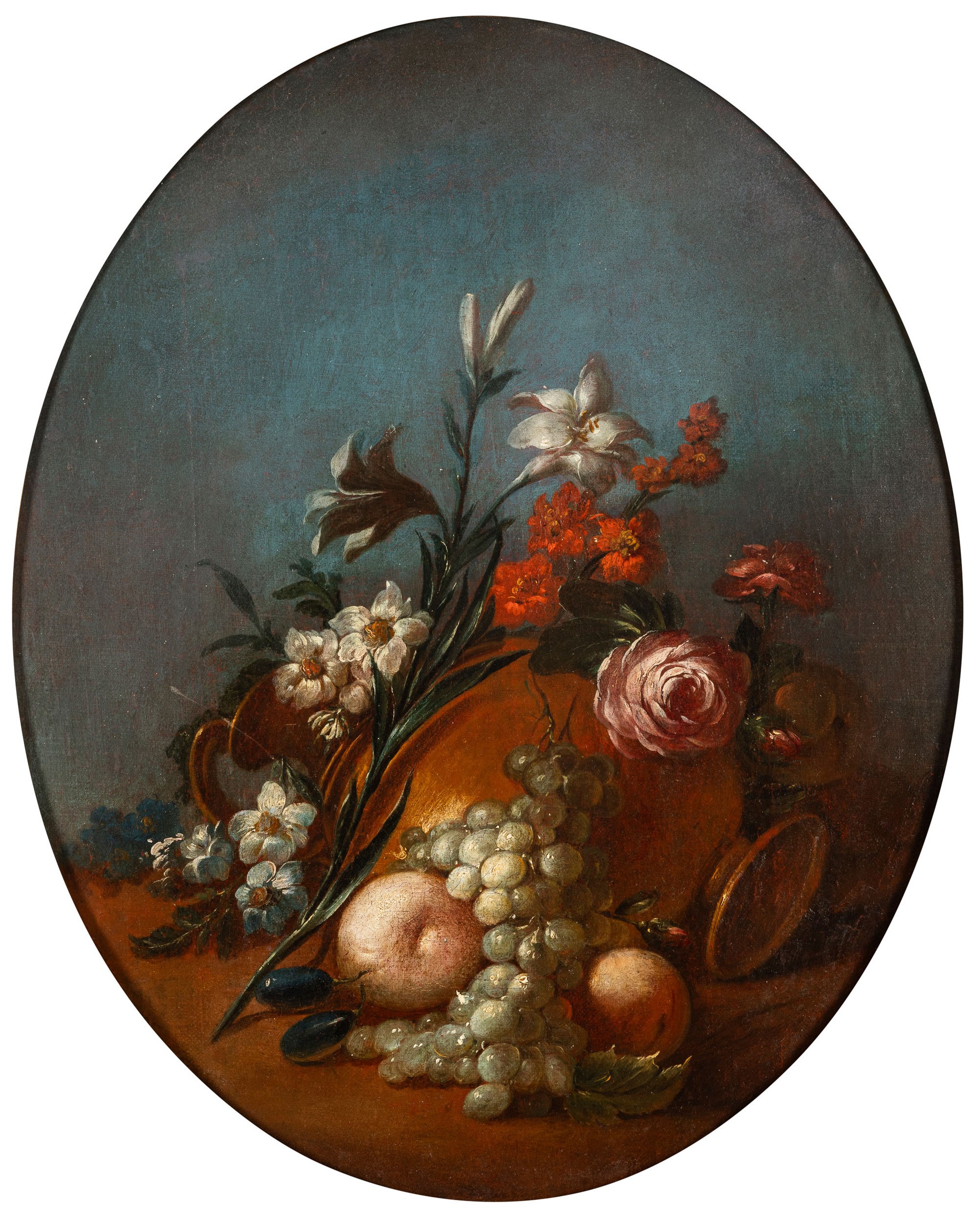 Jean Baptiste Claudot - Natura morta con vasi di fiori e frutti, olio su tela ovale