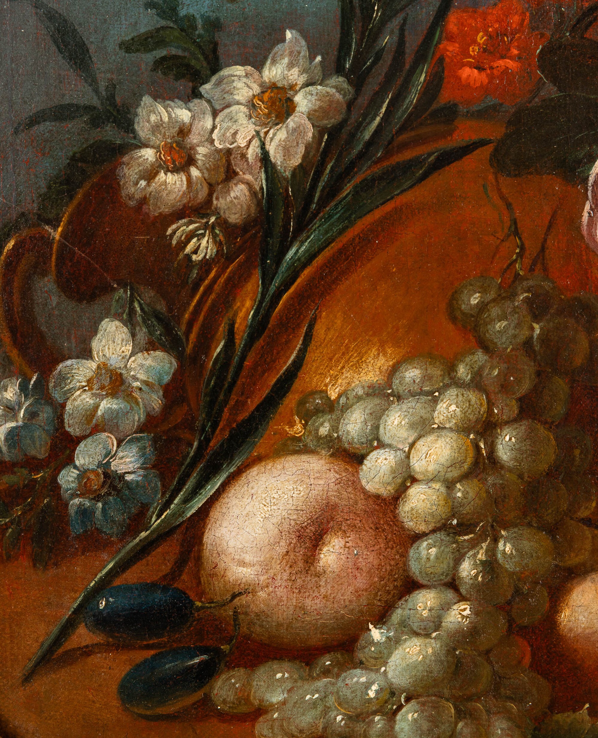 Jean Baptiste Claudot - Natura morta con vasi di fiori e frutti, olio su tela ovale