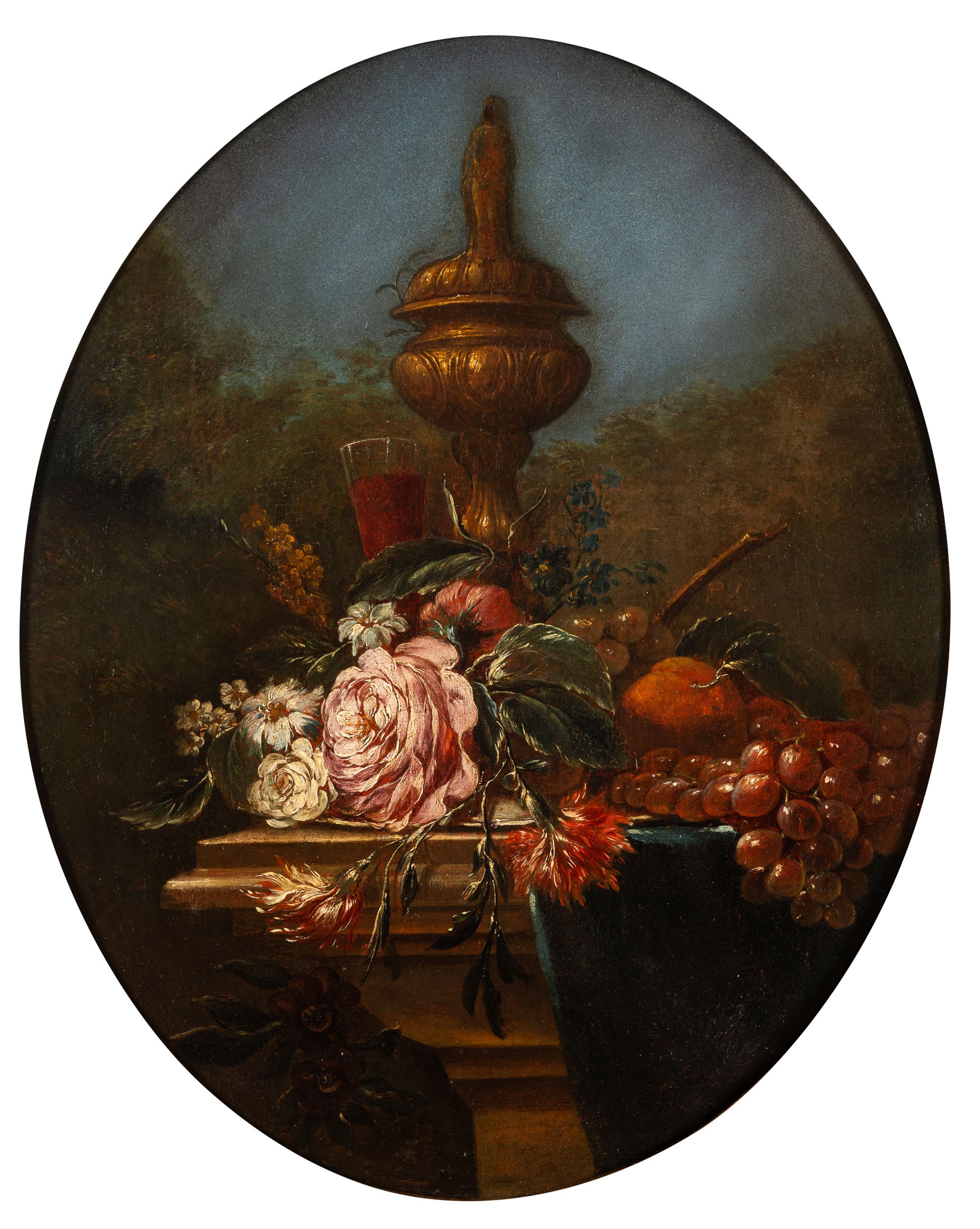 Jean Baptiste Claudot - Natura morta con vasi di fiori e frutti, olio su tela ovale