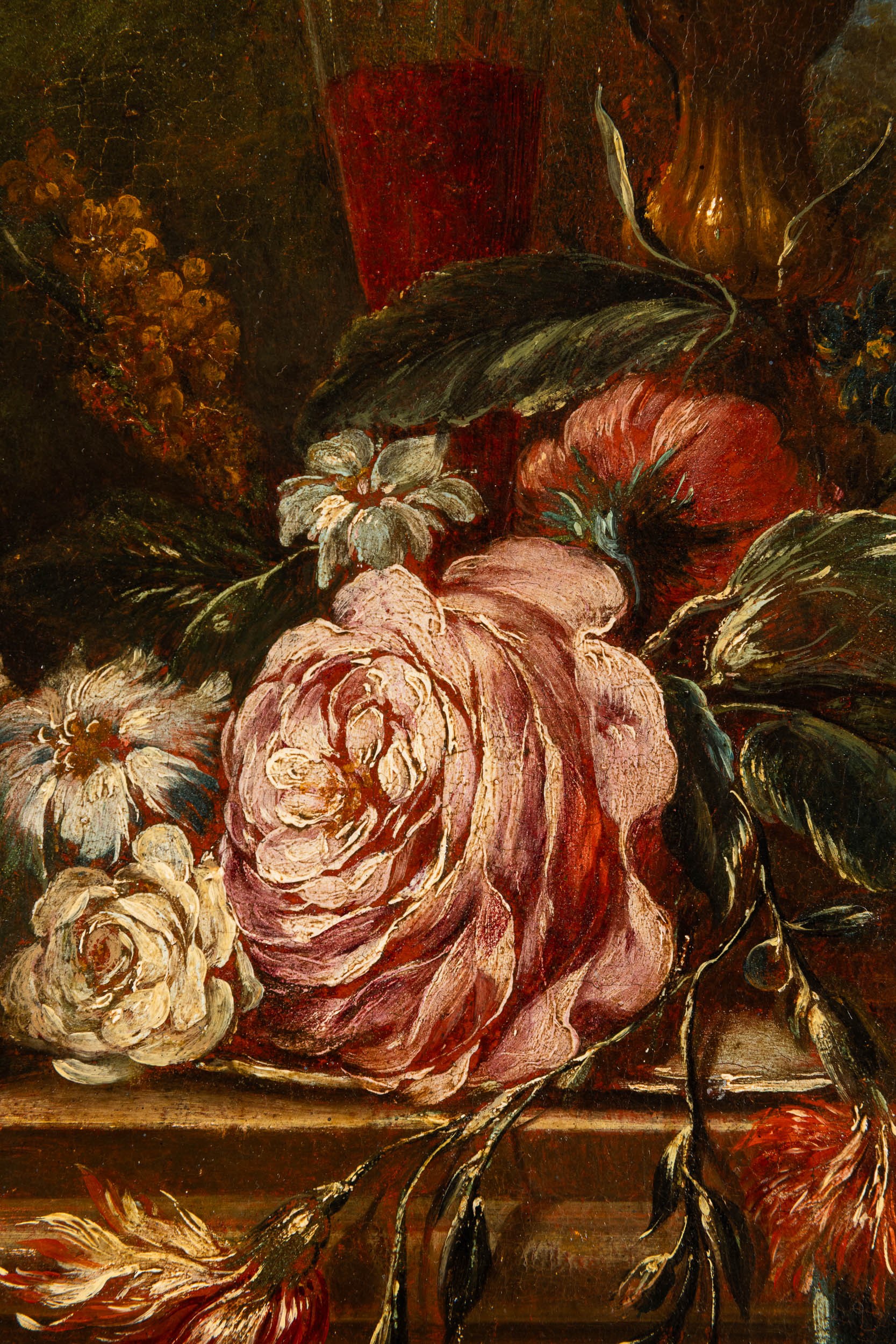 Jean Baptiste Claudot - Natura morta con vasi di fiori e frutti, olio su tela ovale