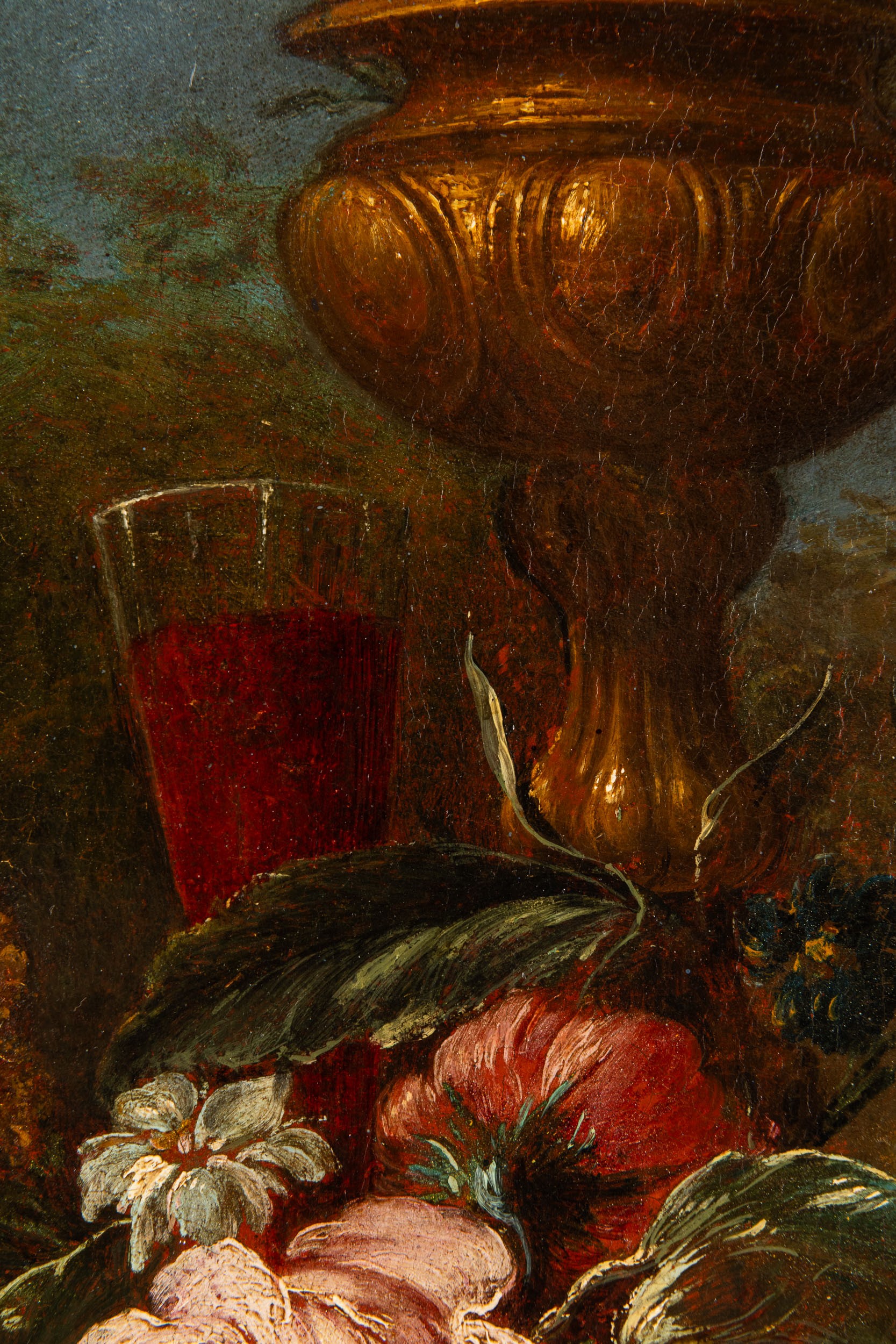 Jean Baptiste Claudot - Natura morta con vasi di fiori e frutti, olio su tela ovale