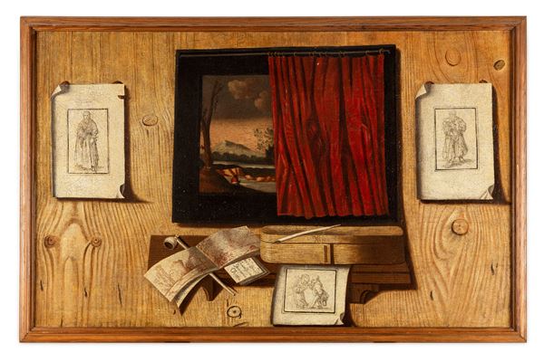 Trompe-l'oeil con stampe, fogli e dipinto