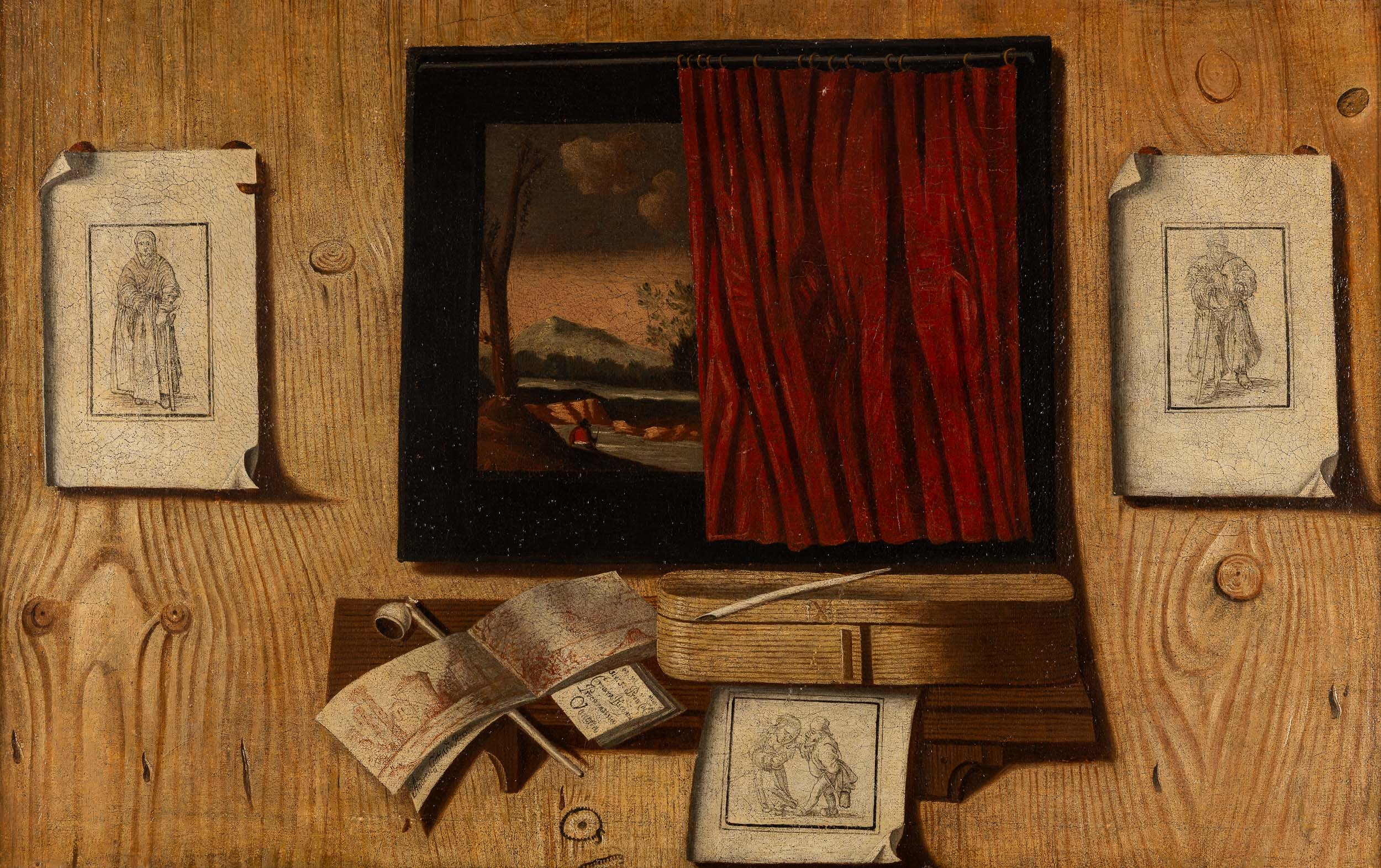Trompe-l'oeil con stampe, fogli e dipinto