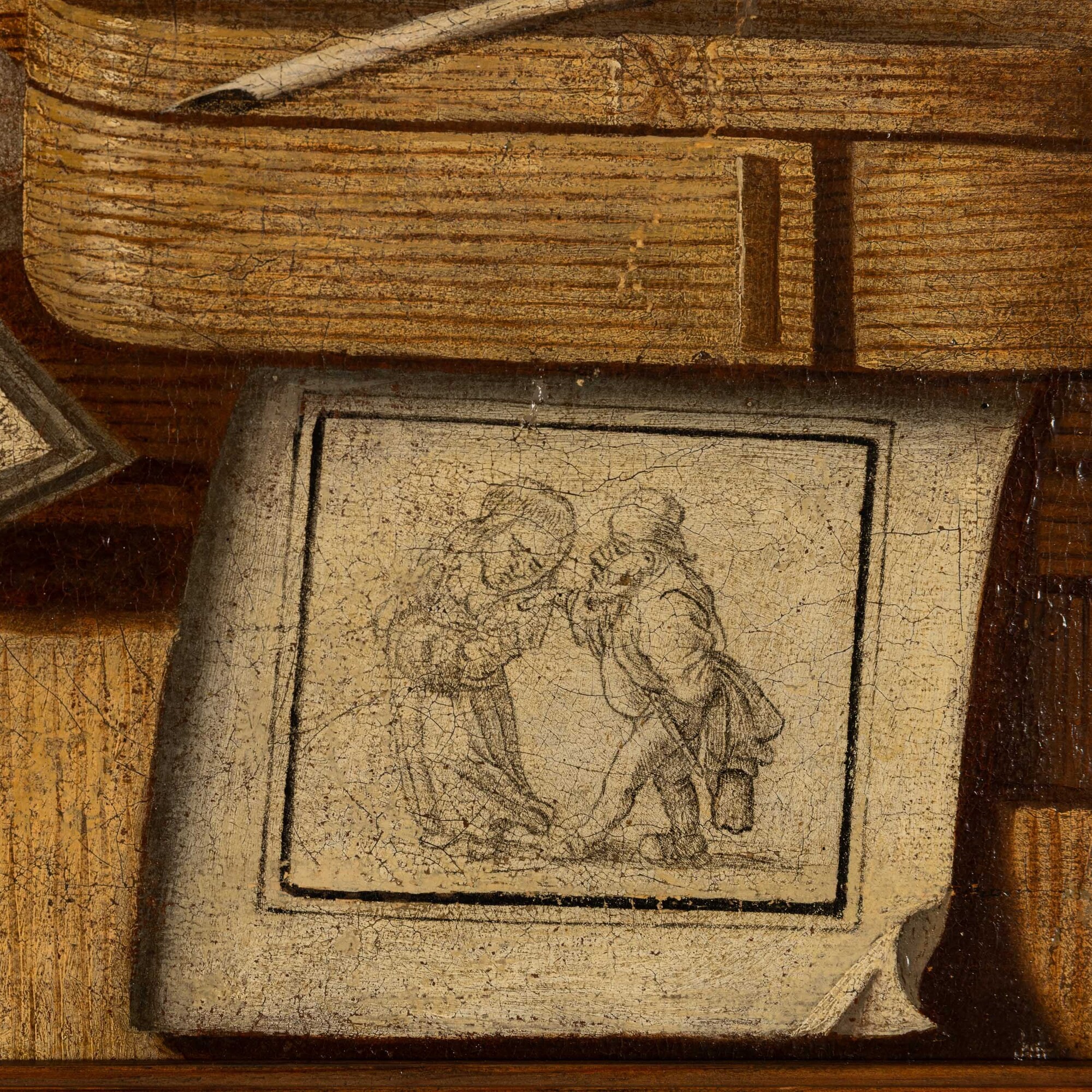 Trompe-l'oeil con stampe, fogli e dipinto