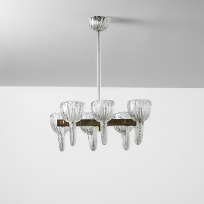 Lampada a sospensione in vetro di Murano con montatura in ottone