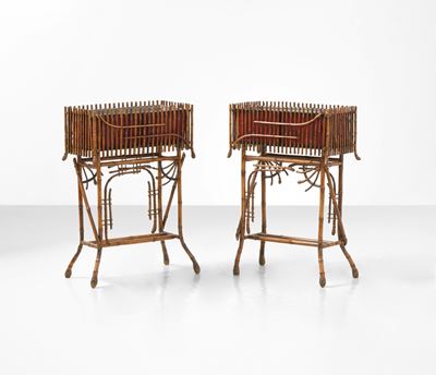 Fioriere in bambù con cache-pots in metallo laccato, produzione italiana, circa 1970