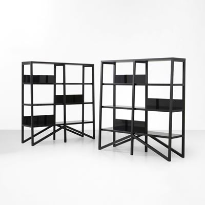 Due librerie, struttura in legno ebanizzato con mensole in metallo laccato (produzione ca. 2010)