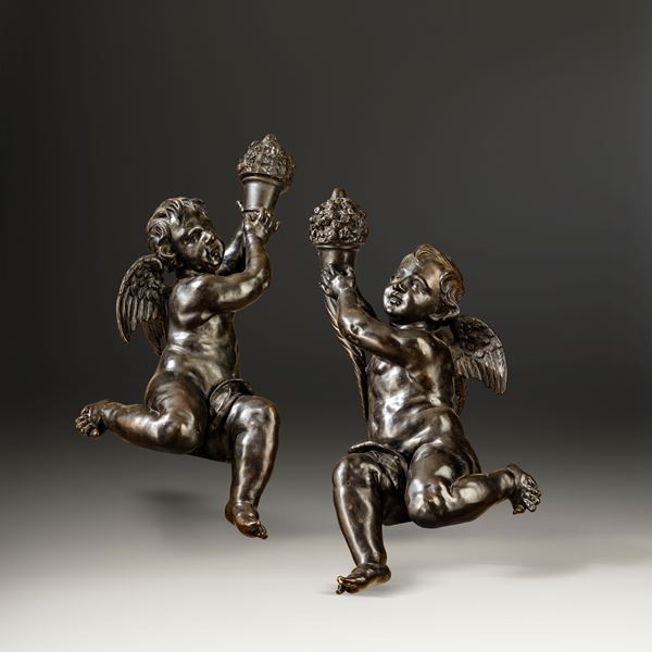Fonditore barocco romano del XVII secolo, seguace di Gian Lorenzo Bernini Importante coppia di putti