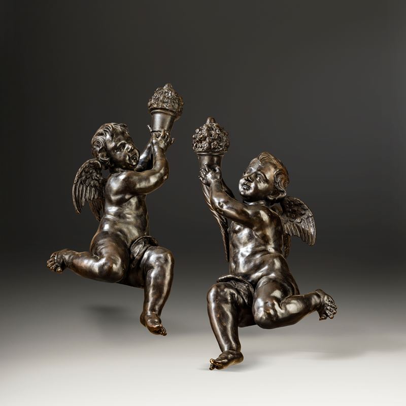 Fonditore barocco romano del XVII secolo, seguace di Gian Lorenzo Bernini Importante coppia di putti  - Auction Fine Art Selection - Cambi Casa d'Aste