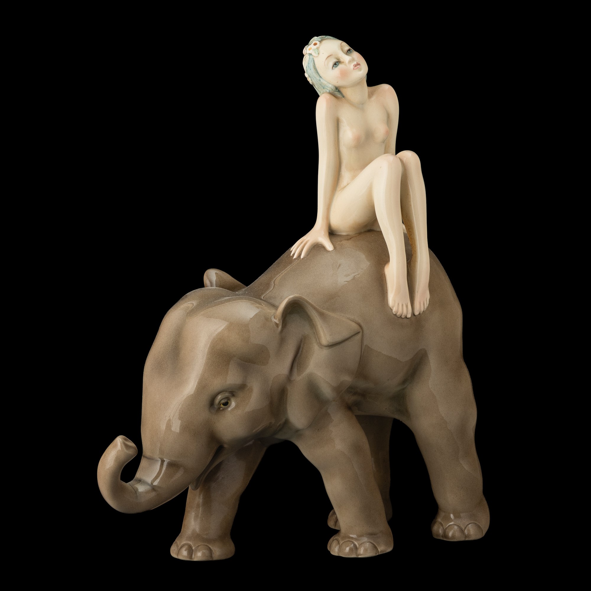 Helen König Scavini - Nudino di donna su elefante in terraglia policroma (Torino, Lenci, circa 19...