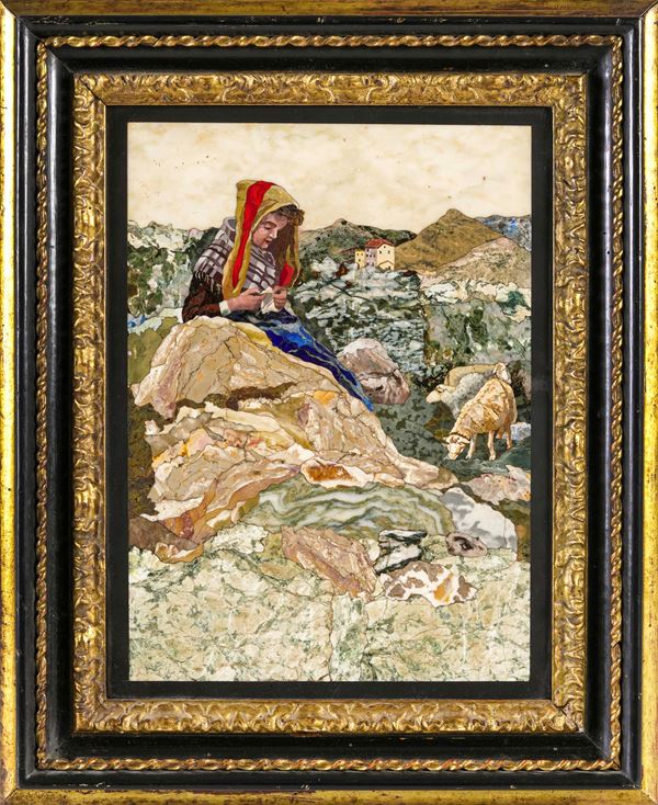 Manifattura fiorentina, XIX-XX secolo Scena pastorale in commesso di marmi e pietre dure