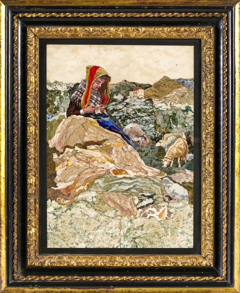 Manifattura fiorentina, XIX-XX secolo Scena pastorale in commesso di marmi e pietre dure  - Auction Italian Mansions - Cambi Casa d'Aste