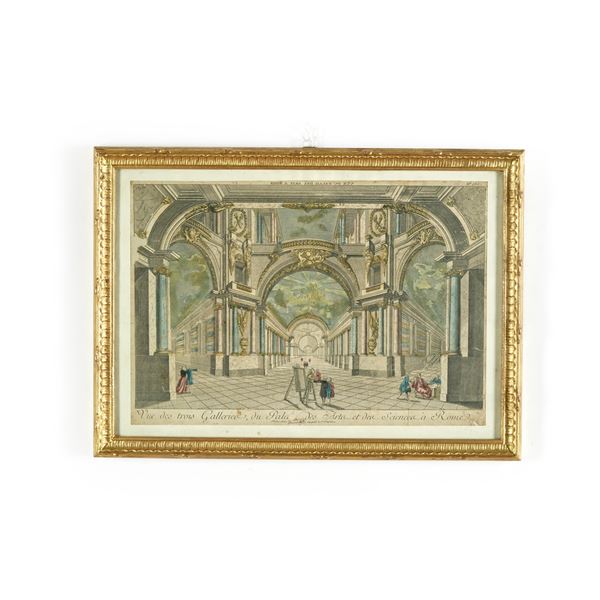 Incisore francese del XVIII secolo Vue des trois Gallerie du Palais des Arts et des Sciences a Rome