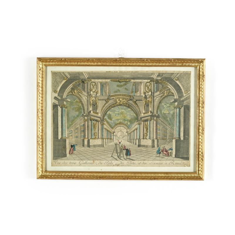 Incisore francese del XVIII secolo Vue des trois Gallerie du Palais des Arts et des Sciences a Rome  - Asta Dimore Italiane TIME - Cambi Casa d'Aste