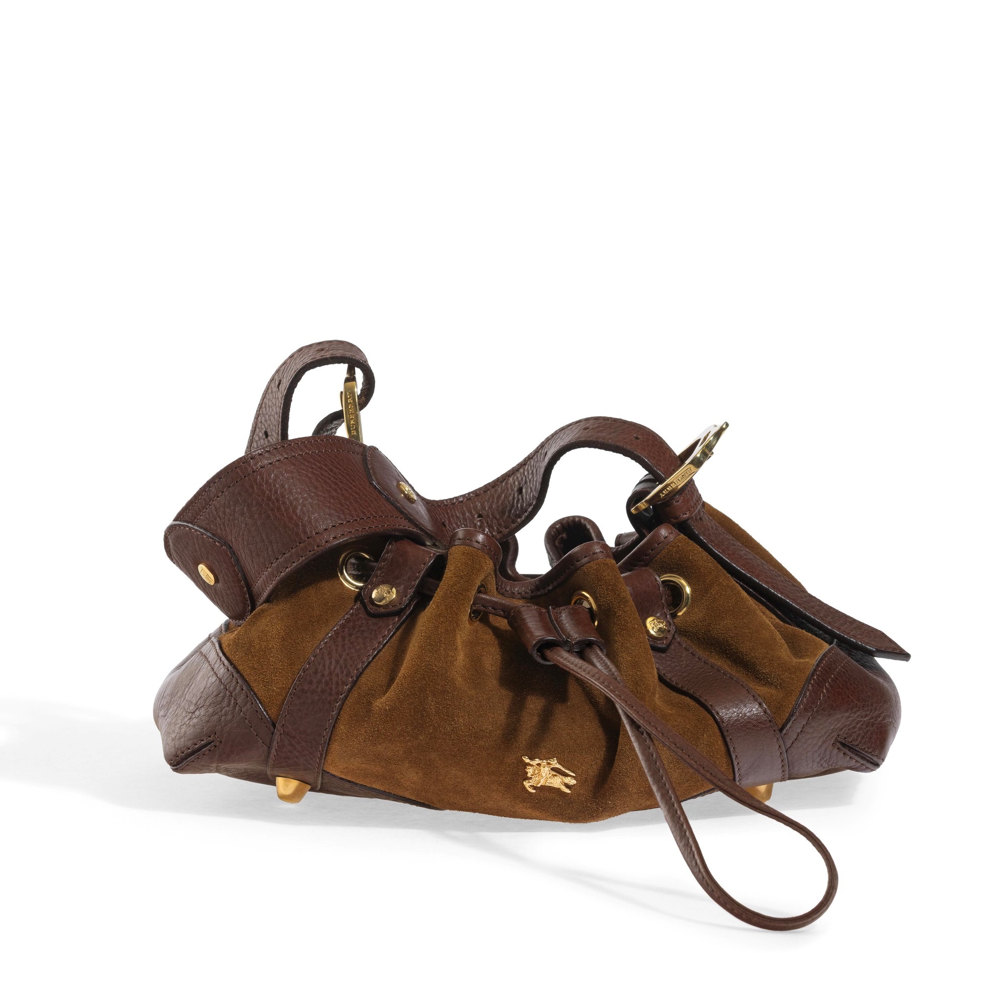 Burberry - Borsetta a secchiello in suede con inserti in pelle marrone