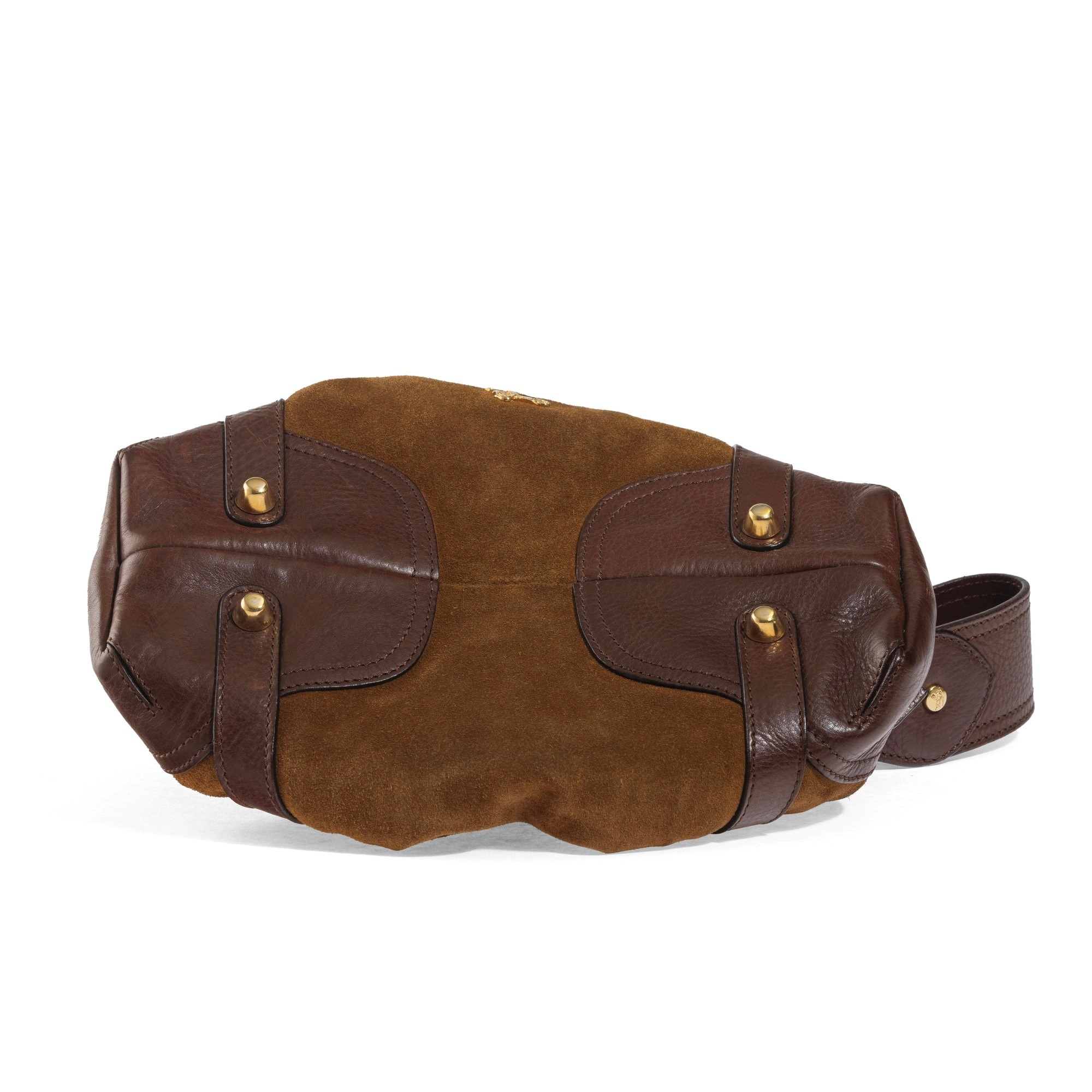 Burberry - Borsetta a secchiello in suede con inserti in pelle marrone